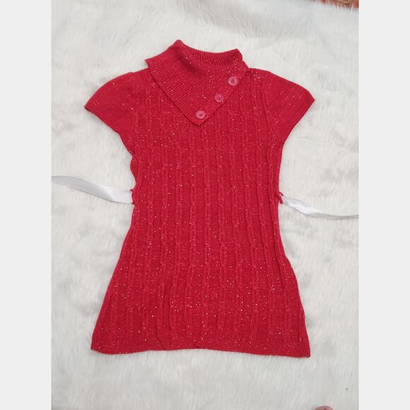 Girl's RED Solid Ribbed Stand Collar Turtleneck Short Sleeve Knit Top 10/12 M - Picture 2 of 4
